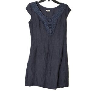 Lina Tomei Blue Linen Mini Dress S Italy Cotton Side Panels and Crochet Trim